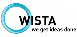 Das Logo zeigt einen blauen Kreis neben dem Schriftzug "WISTA we get ideas done".