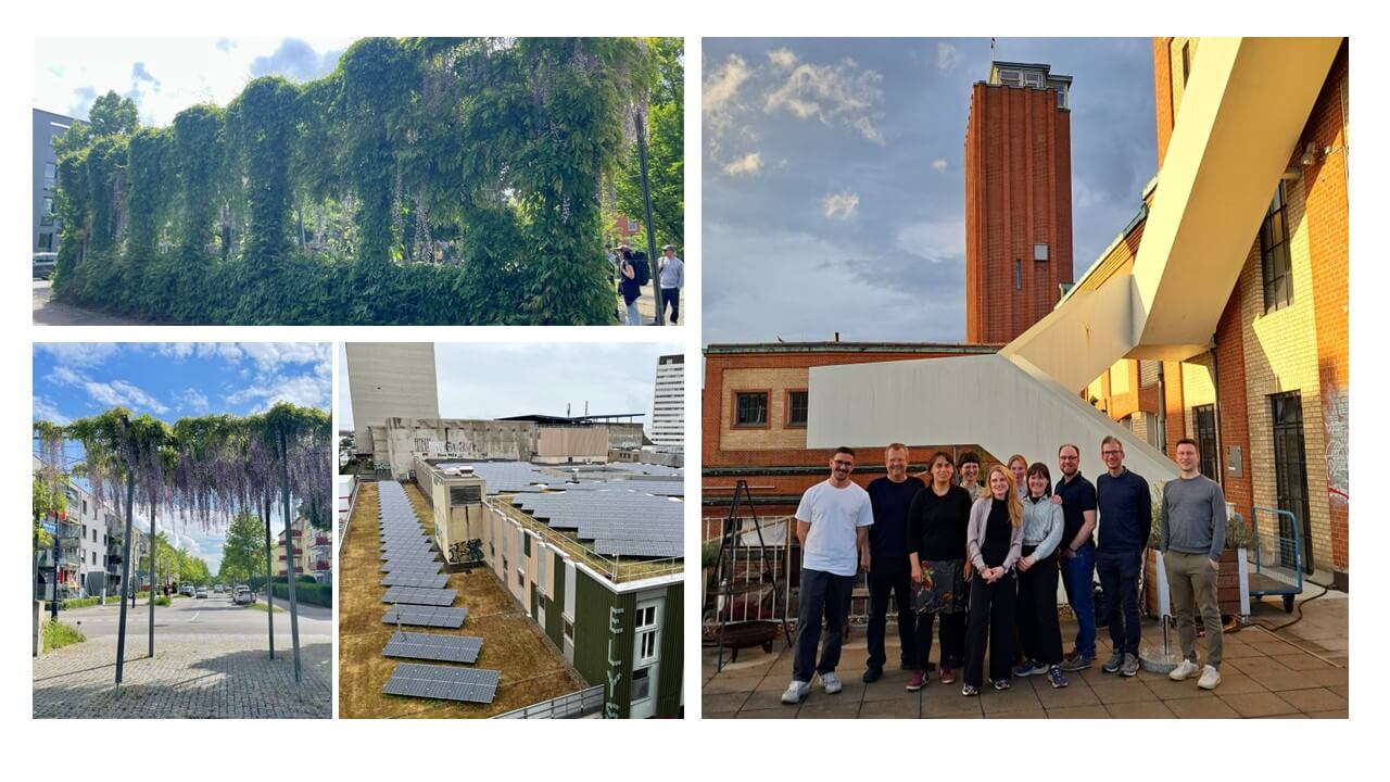 Exkursion in Basel mit Gruppe vor modernem Gebäude und solarbetriebenen Anlagen, umgeben von grüner Vegetation.